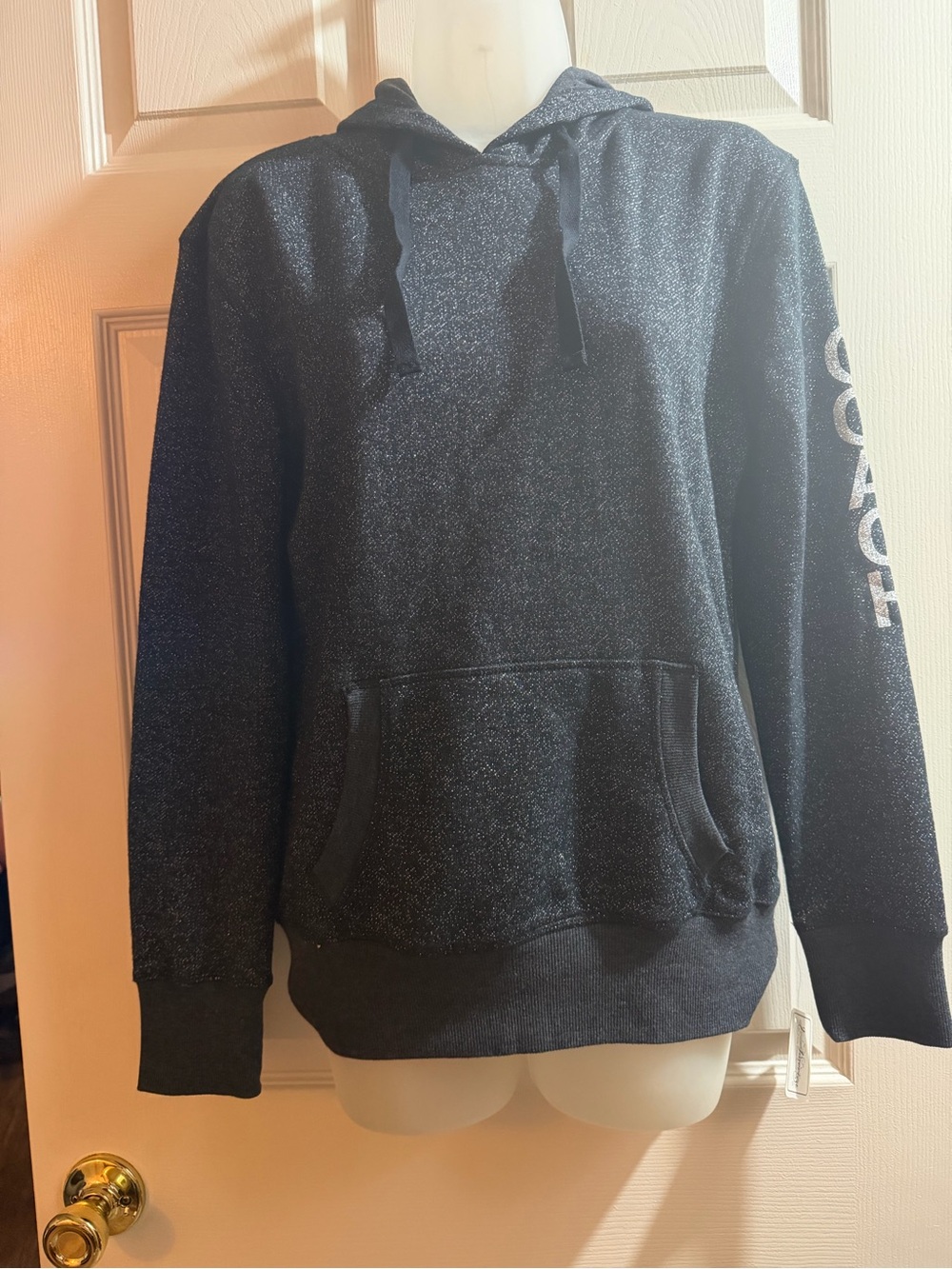 J. America Black Sparkle Hooded Pullover with Sleeve Script